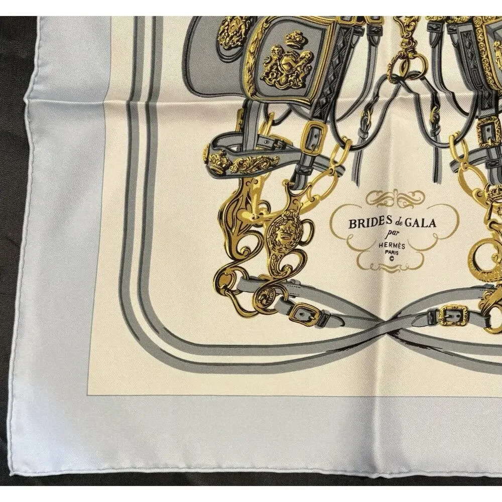 Hermès Pocket Square Silk Scarf Brides de Gala By Hugo Grygkar Lt Blue Gray New